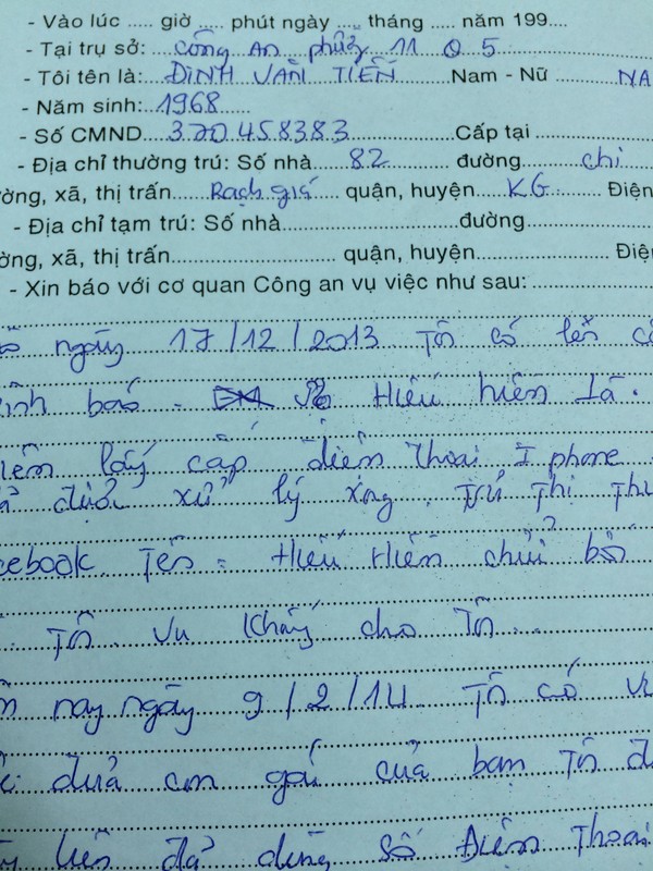 Đơn khiếu nại anh Đ.V.T. gửi lên Công an P.11, Q.5 về việc nhận được những tin nhắn đe dọa, quấy rối - Ảnh: Anh Đ.V.T. cung cấp