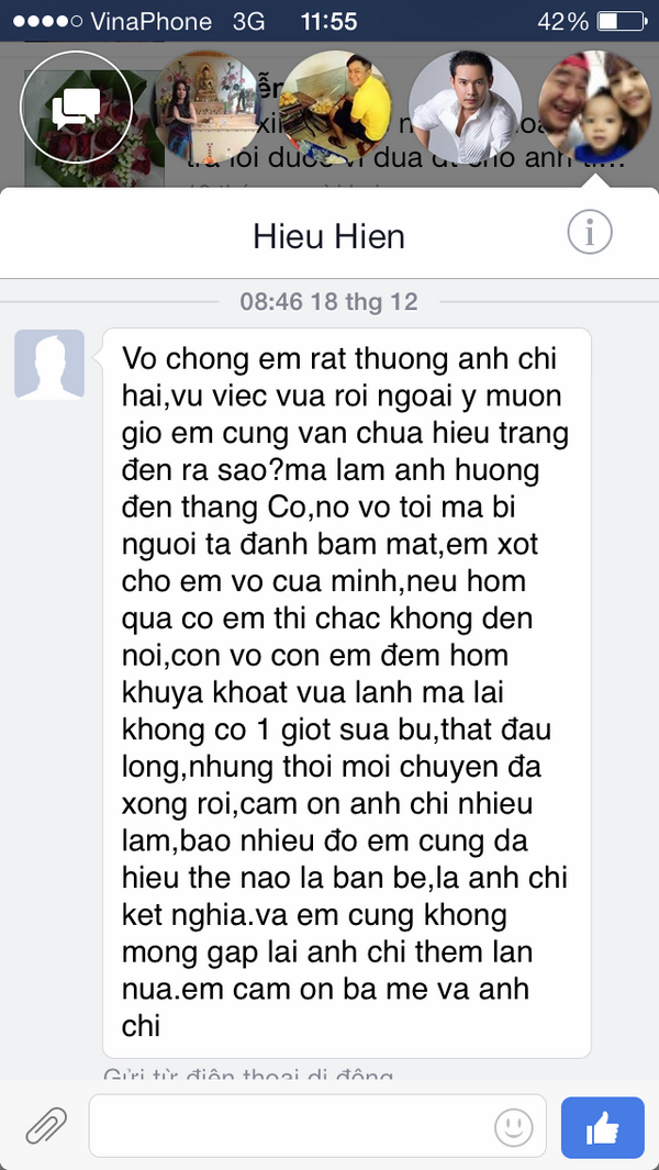 Tin nhắn được cho là của Hiếu Hiền gửi cho anh Đ.V.T. sau khi xảy ra vụ mất cắp - Ảnh: Chụp màn hình từ điện thoại của anh Đ.V.T