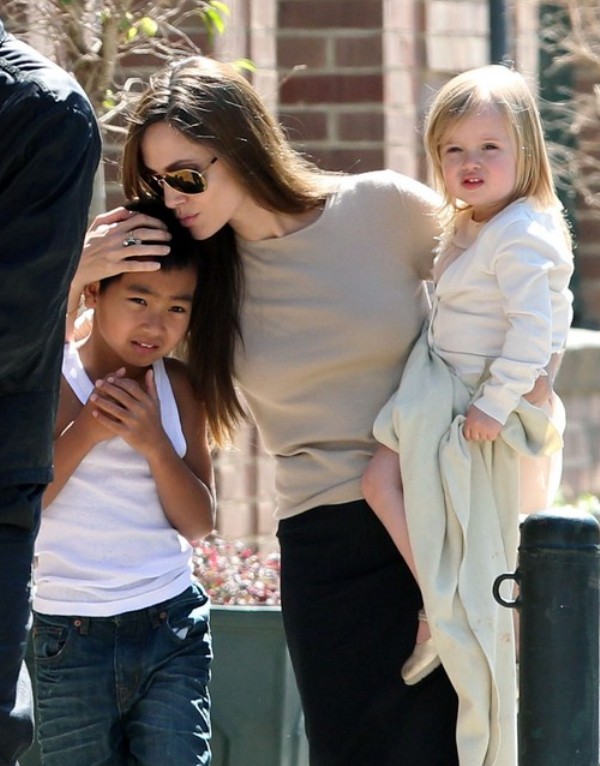 aviator sunglasses;sister;twins;half length;mother;children;brother;siblings;Maddox Jolie-Pitt;Angelina Jolie;Vivienne Jolie-Pitt
