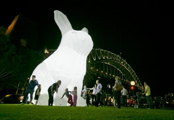 Đến tham dự lễ hội ánh sáng và âm nhạc tại Sydney, Úc hồi tháng 5 vừa qua, du khách còn có cơ hội dược chiêm ngưỡng chú thỏ trắng khổng lồ cạnh bến cảng Sydney