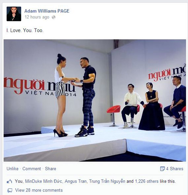 Adam Wiiliams bày tỏ sự yêu thích với thí sinh Vietnam's Next Top Model ngay trên trang cá nhân của mình 1