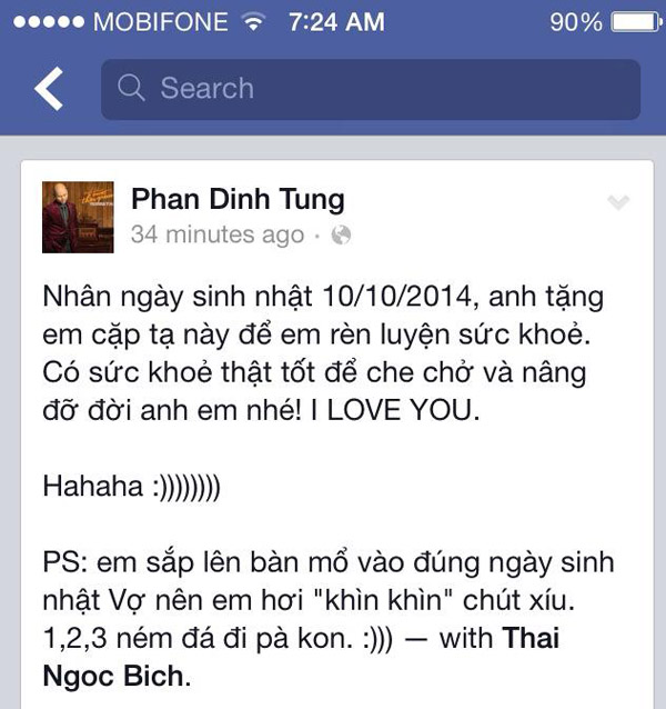 Phan Đinh Tùng chia sẻ dòng trạng thái hài hước về món quà sẽ dành tặng vợ