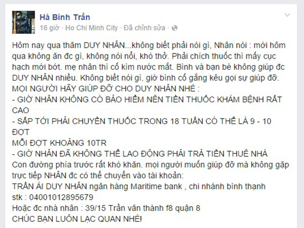 Diễn viên Hà Bình chia sẻ và kêu gọi giúp đỡ anh bạn đồng nghiệp