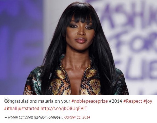 Naomi Campbell gây cười vì viết sai tên người đạt giải Nobel Hòa bình