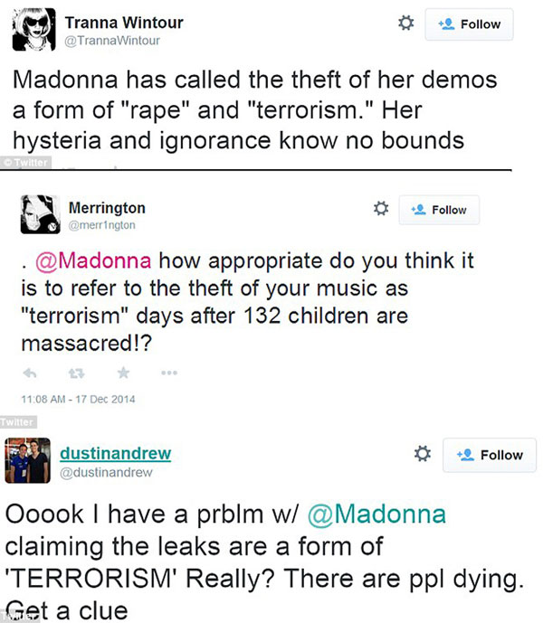 Cư dân mạng cho rằng Madonna thật thiếu hiểu biết khi ví hành vi ăn cắp bản demo album của mình như một “hình thức khủng bố” - Ảnh chụp màn hình