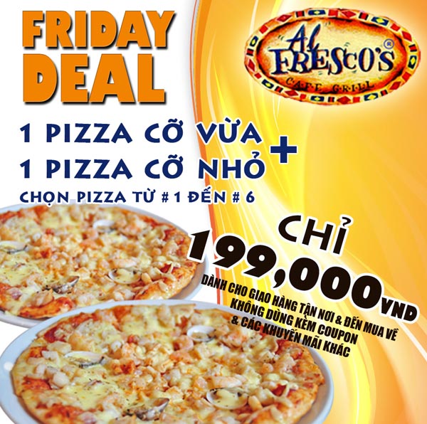 DEAL Thứ Sáu: 1 pizza cỡ vừa + 1 pizza cỡ nhỏ chỉ còn 199.000đ tại Al Fresco's 1