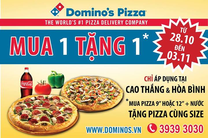 Megaweek (28/10 - 03/11): Mua 1 pizza và nước tặng ngay 1 pizza cùng cỡ tại Domino's Pizza Cao Thắng và Hòa Bình 1