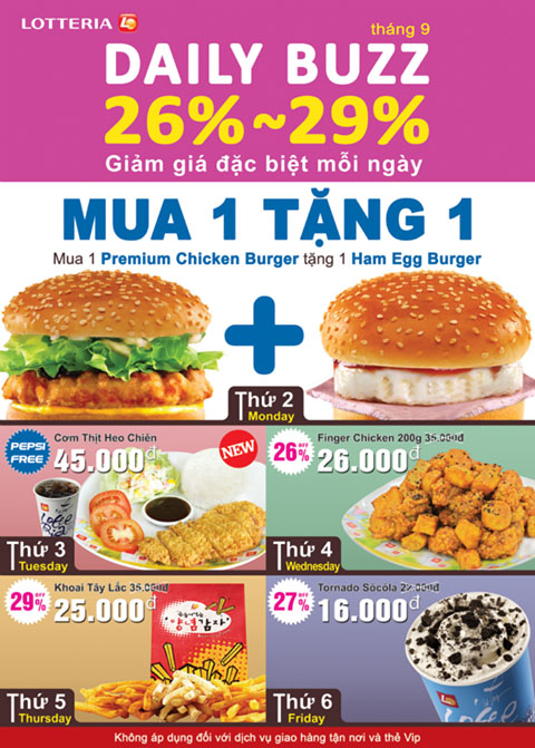 Chương trình giảm giá đặc biệt mỗi ngày 'Daily Buzz' tháng 09.2013 tại Lotteria 1