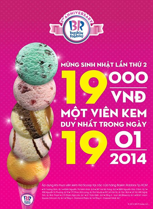 Mừng Sinh nhật 2 tuổi - 1 scoop kem chỉ còn 19.000đ tại Baskin Robbins trong ngày 19.1.2014 1