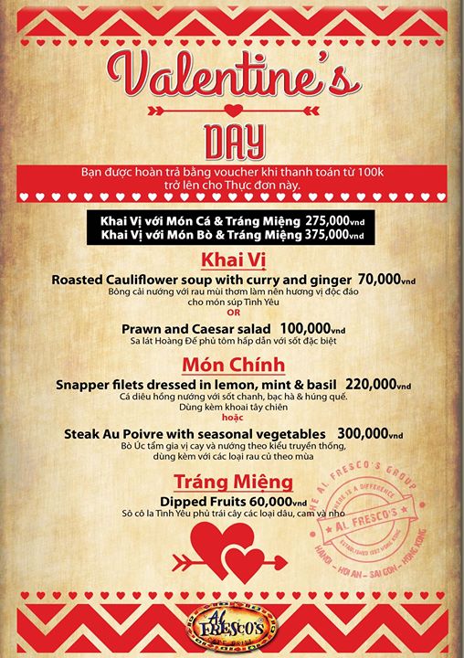 Tặng voucher 100K cho mỗi 100K trong hoá đơn menu Valentine's tại Al Freso's 1