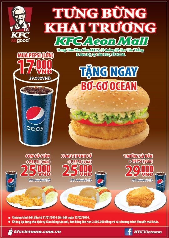 Ưu đãi hấp dẫn "Mua 1 được 2" mừng khai trương KFC Aeon Mall 1