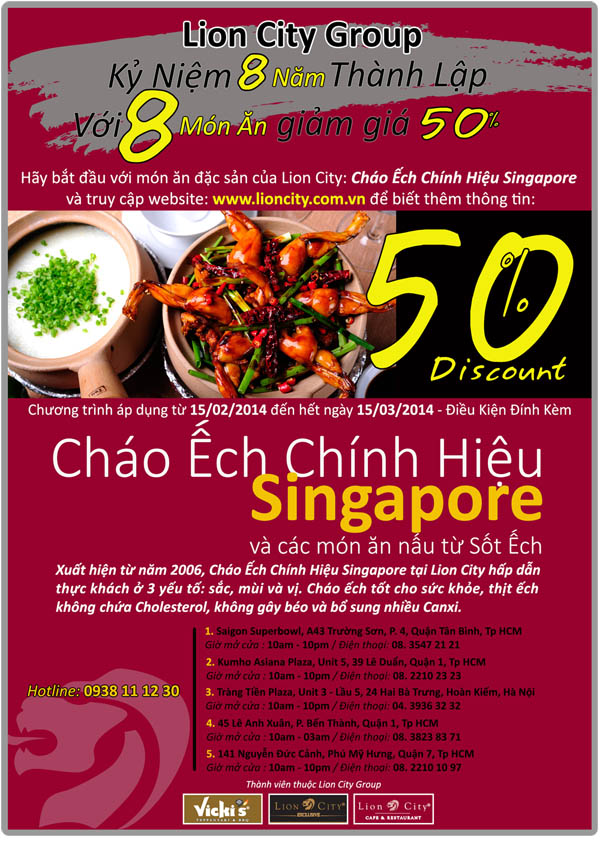 Giảm 50% cho món cháo ếch chính hiệu Singapore tại Lion City 1