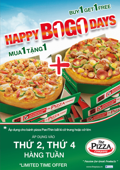 Happy Bogo Days: Mua 1 pizza tặng 1 pizza vào thứ Hai và thứ Tư hàng tuần tại The Pizza Company 1