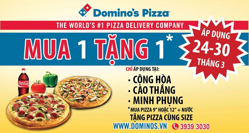 Megaweek (24.03 - 30.03): Mua 1 pizza tặng ngay 1 pizza tại Domino's Pizza Cao Thắng, Minh Phụng, Cộng Hòa 1