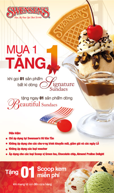 Ưu đãi hấp dẫn 'Mua 1 tặng 1' mừng khai trương chi nhánh Swensen's 62 Võ Văn Tần từ 20.3 đến 31.3 1