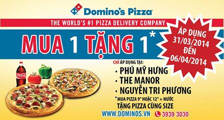 Megaweek (24.03 - 30.03): Mua 1 pizza tặng ngay 1 pizza tại Domino's Pizza Cao Thắng, Minh Phụng, Cộng Hòa 1