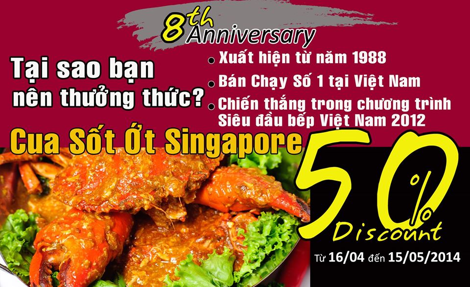 Giảm 50% cho món Cua sốt ớt từ ngày 16.04 đến 15.05.2014 tại hệ thống nhà hàng Lion City 1