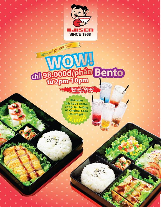 Chỉ 98.000đ cho 1 phần Bento hấp dẫn tại Ajisen Ramen từ 14h đến 22h hàng ngày 1