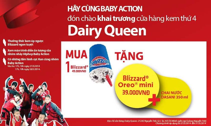 Mua 1 kem Blizzard 49.000đ tặng ngay 1 kem Blizzard Oreo mini & 1 chai nước Dasini 350ml tại cửa hàng Dairy Queen 212A3 Nguyễn Trãi 1