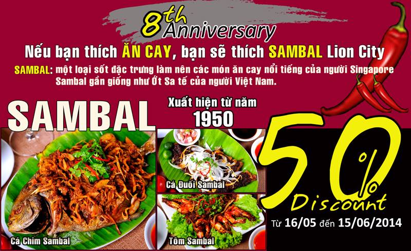 Giảm 50% cho món Cua sốt ớt từ ngày 16.5 đến 15.6.2014 tại hệ thống nhà hàng Lion City 1