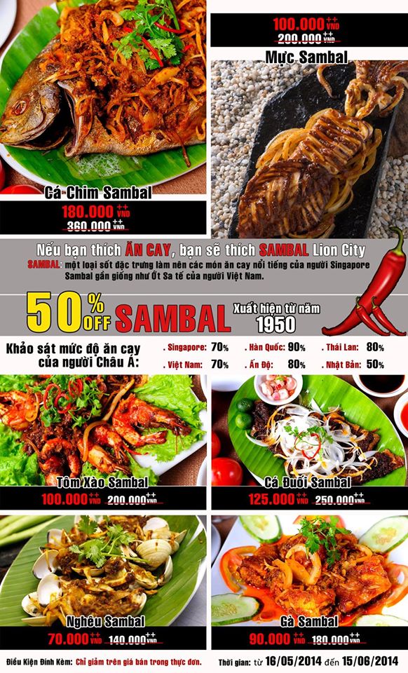 Giảm 50% cho món Cua sốt ớt từ ngày 16.5 đến 15.6.2014 tại hệ thống nhà hàng Lion City 2