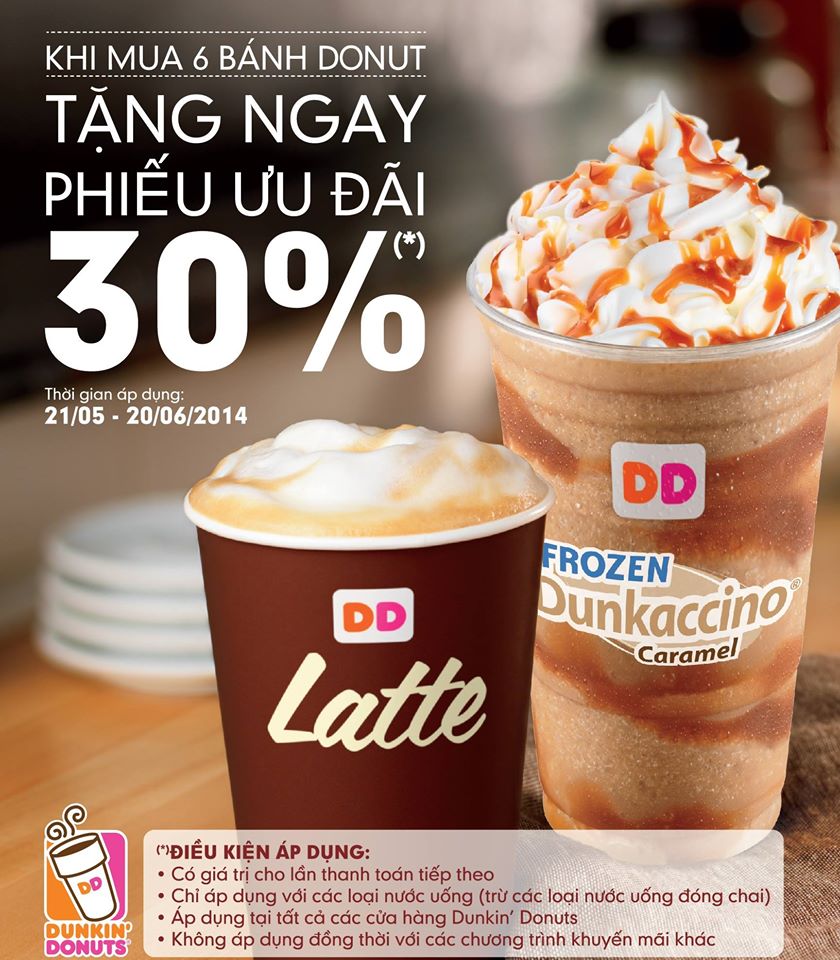 Tặng ngay Phiếu ưu đãi giá 30% khi mua 6 bánh donuts bất kỳ tại Dunkin' Donut từ 21.5 đến 30.6.2014 1