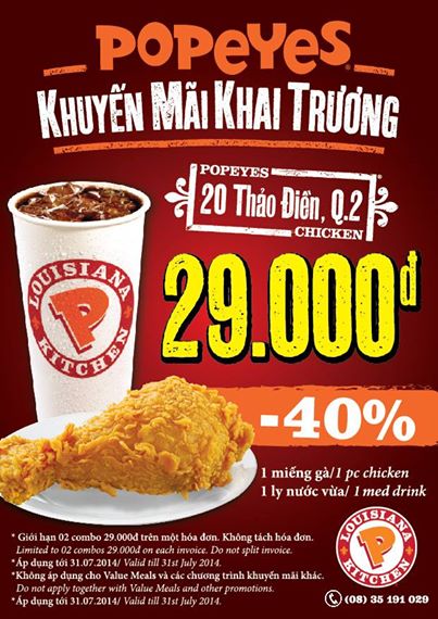 Combo 1 miếng gà giòn và 1 ly nước vừa chỉ còn 29.000đ tại Popeyes Thảo Điền 1