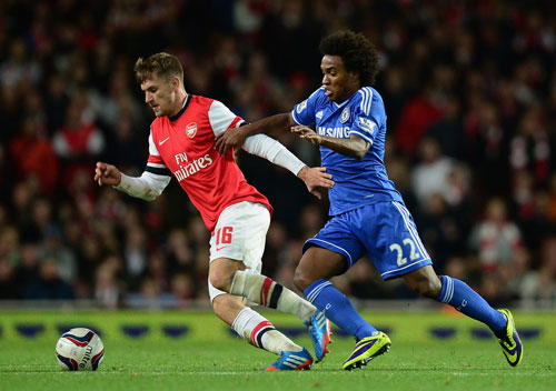 Trong lần gặp nhau ở Capital One Cup mùa này, Chelsea (phải) đã thắng Arsenal 2-0 ngay tại sân Emirates - Ảnh: AFP