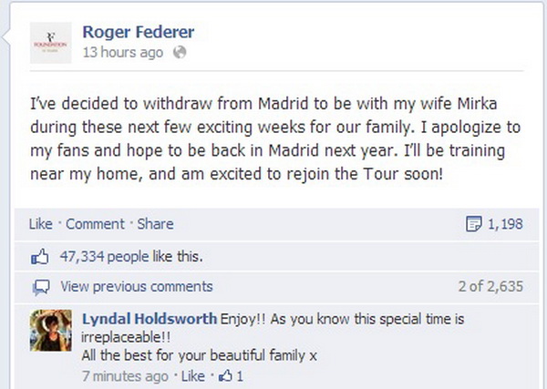 Vợ lại sinh đôi, Federer rút lui khỏi giải Madrid Open-1