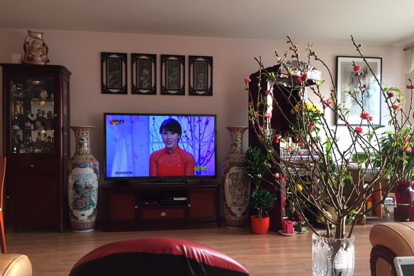 Một góc ngôi nhà của gia đình tiền đạo Mạc Hồng Quân, có cành đào truyền thống và TV đang phát chương trình xuân trên kênh VTV4 dành cho kiều bào đang ở nước ngoài - Ảnh do nhân vật cung cấp