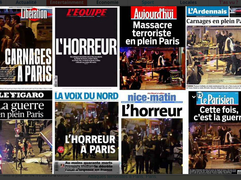 Hàng loạt tờ báo tại Pháp ngày 14.11 đưa tin về chuỗi vụ tấn công khủng bố tại Paris đêm 13.11 - Ảnh chụp màn hình 20Minutes