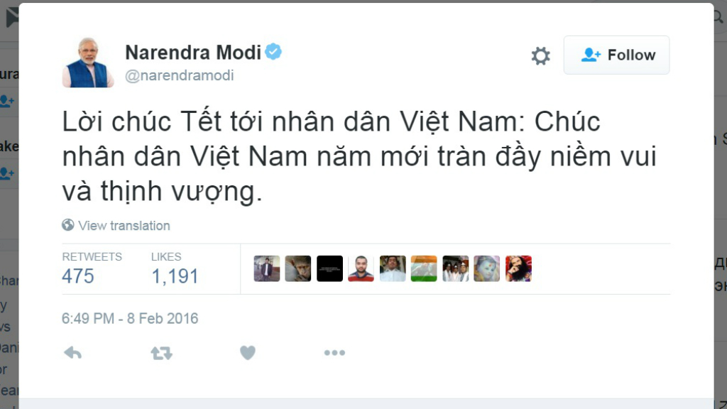 Lời chúc Tết của Thủ tướng Ấn Độ đến nhân dân Việt Nam - Ảnh chụp trang Twitter của ông Modi