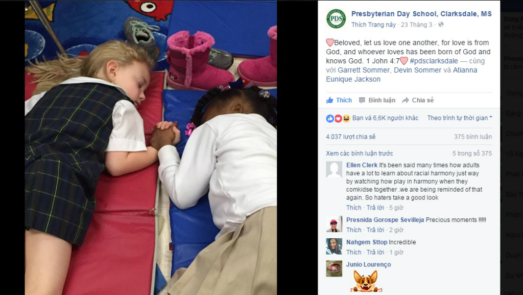 Hai cô bé mầm non nắm tay nhau ngủ  - Ảnh chụp màn hình trang Facebook Presbyterian Day School 