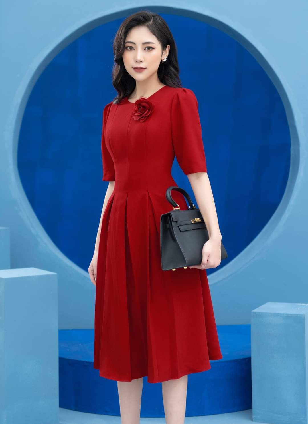 Váy nhung xanh dương thiết kế | Shopee Việt Nam