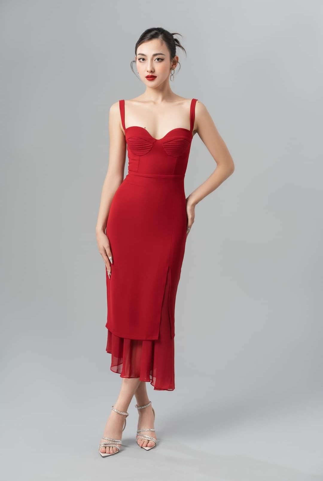 Đầm đỏ dự tiệc cổ đan tông dáng a xòe KK166-09 | Thời trang công sở K&K  Fashion