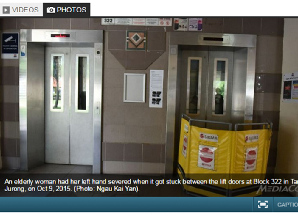 Thang máy nơi xảy ra tai nạn ở Singapore - Ảnh Channel News Asia
