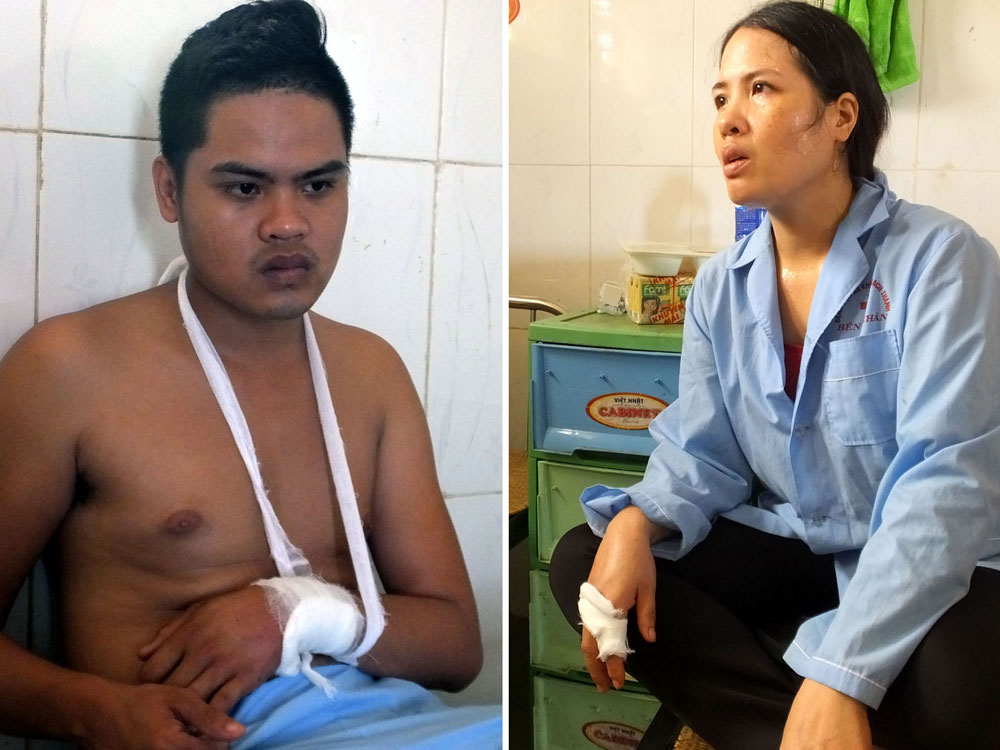Chị Trần Thị Vân và con trai Nguyễn Đăng Hùng bị thương ở tay đang được điều trị tại bệnh viện - Ảnh: Hải Tần