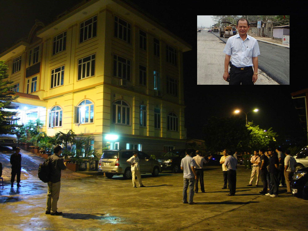 Lực lượng cảnh sát phong tỏa Công ty TNHH Đại An vào đêm 13.8.2014; Trùm xã hội đen Minh “Sâm” (ảnh nhỏ) - Ảnh: Hoàng Anh
