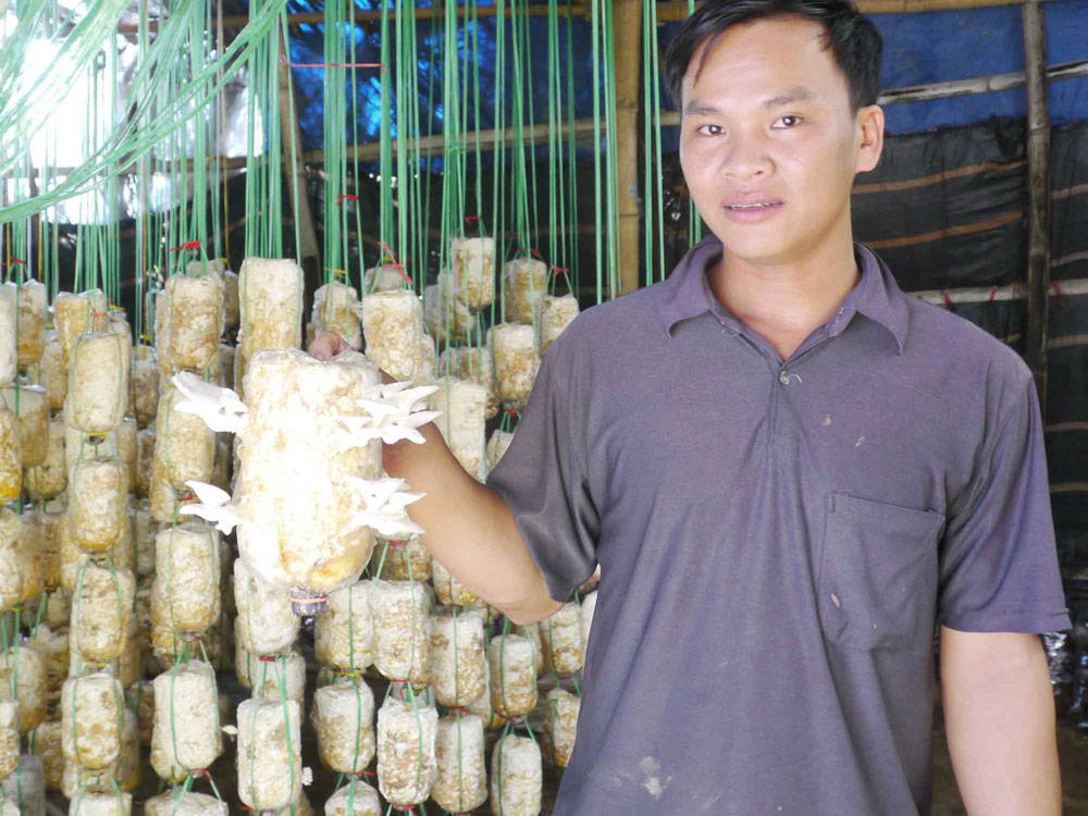 Anh Quốc giới thiệu về quy trình trồng nấm - Ảnh: Hoàng Trọng
