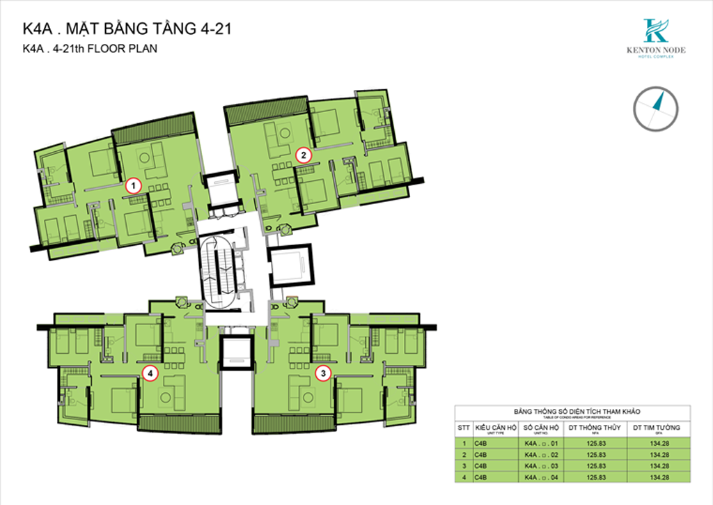 Mặt bằng tầng căn hộ 3 phòng ngủ tại Kenton Node. Mỗi tầng chỉ có 4 căn hộ, không có khái niệm “căn hộ góc” vì mỗi căn đều là căn góc, có 3 mặt thoáng, từ các căn hộ di chuyển đến thang thoát hiểm không quá 4 m (quy định chung là 30 m). Đây được xem là ưu điểm vượt trội về an toàn PCCC của dự án