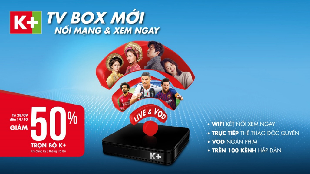 Khuyến mãi hấp dẫn giảm 50% giá trọn bộ thiết bị K+ TV Box từ ngày 28.9 đến 14.10