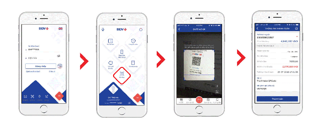 Minh họa các bước quét mã QR để thanh toán khi đặt vé máy bay với ứng dụng ngân hàng
