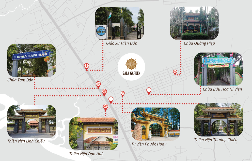 Hoa viên nghĩa trang sinh thái Sala Garden, Long Thành có vị trí phong thủy độc tôn, gần nhiều chùa, thiền viện, giáo sứ lớn linh thiêng, có lịch sử lâu đời