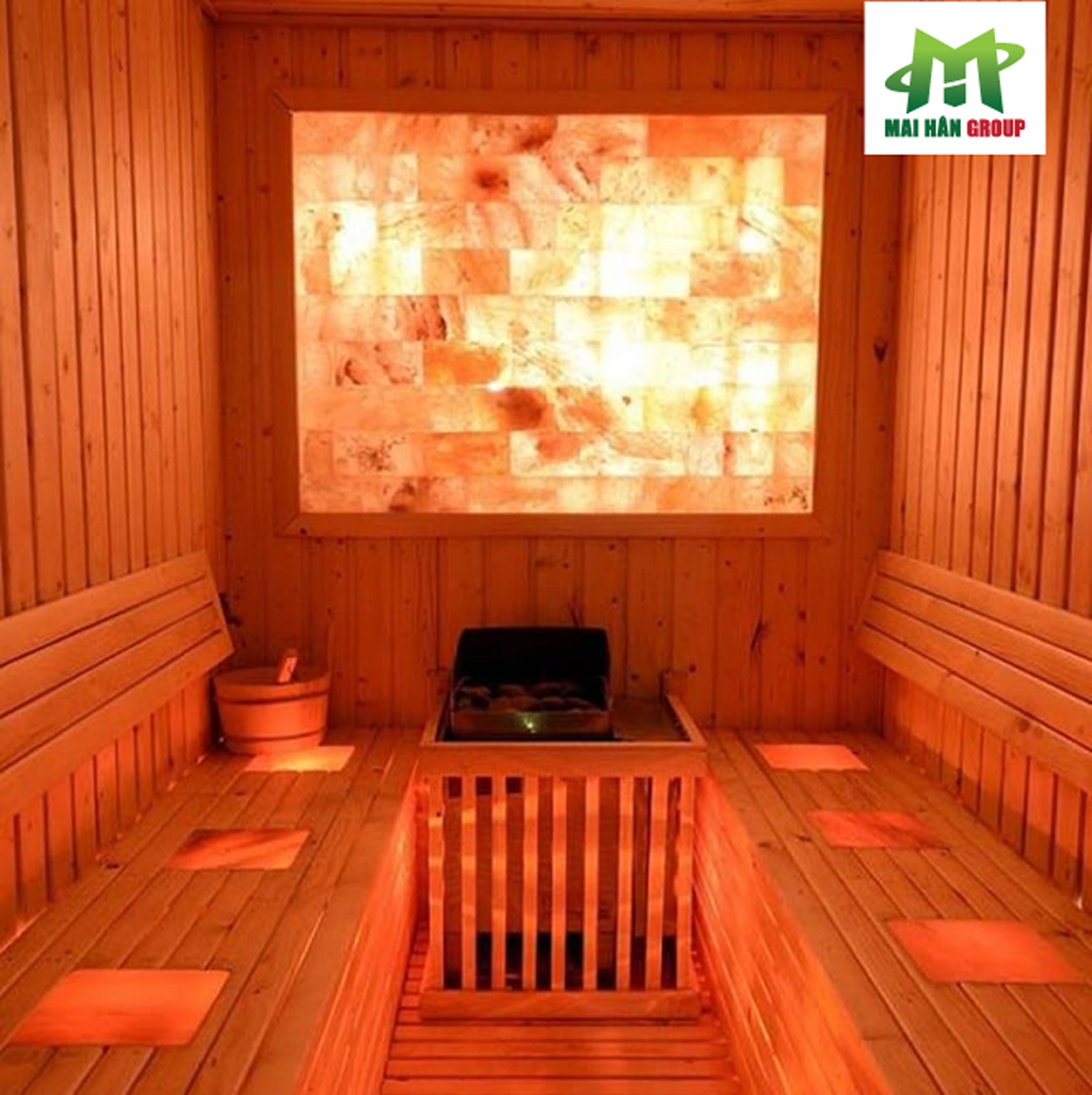Phòng xông đá muối kết hợp vách gỗ và máy sauna