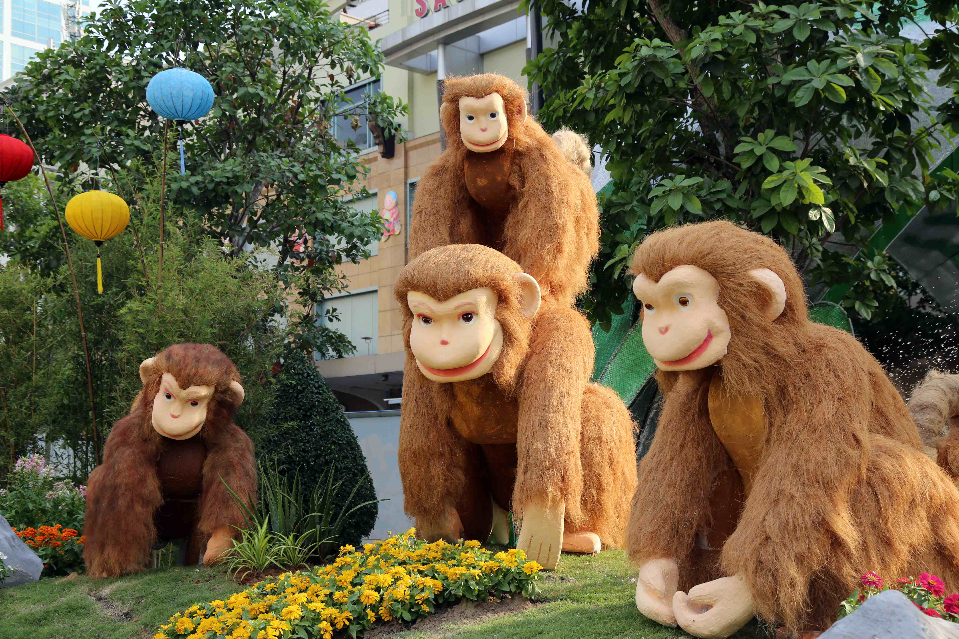 Gia đình khỉ đã sẵn sàng để chào đón người dân đến với đường hoa Xuân