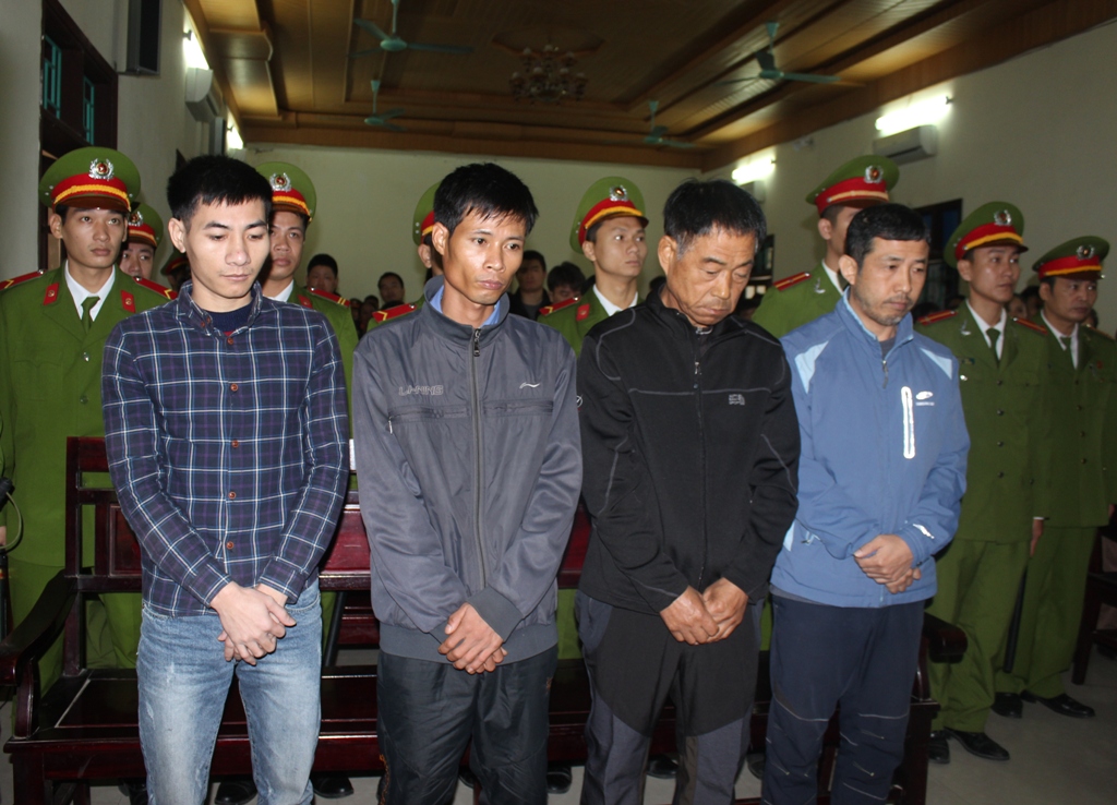 4 bị cáo Kim Jong Wook, Lee Jae Myeong, Nguyễn Anh Tuấn, Nguyễn Thái Đức (hàng đầu tiên) trước tòa - Ảnh: Nguyên Dũng