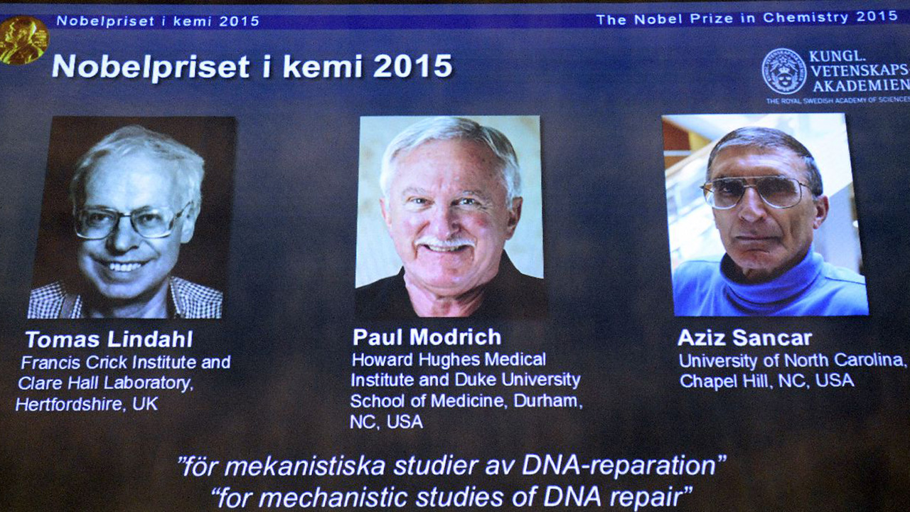 Ba nhà khoa học được trao giải Nobel Hóa học 2015, từ trái sang phải: Tomas Lindahl (Thụy Điển), Paul Modrich (Mỹ) và Aziz Sancar (người Mỹ gốc Thổ Nhĩ Kỳ) - Ảnh: AFP