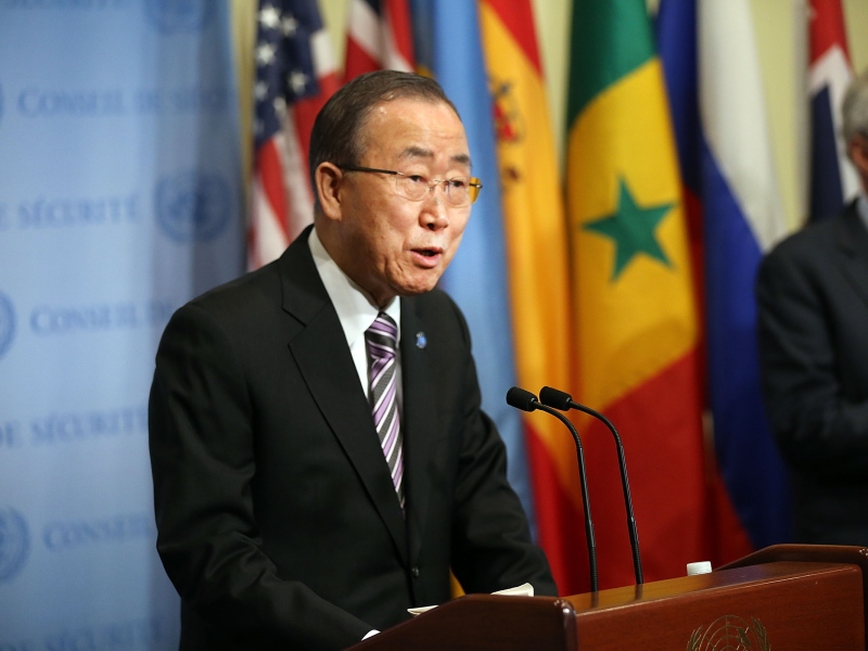 Tổng thư ký LHQ Ban Ki-moon phát biểu trước báo giới trước thềm phiên họp kín tại Hội đồng bảo an LHQ bàn về vụ thử nghiệm bom nhiệt hạch của Triều Tiên - Ảnh: AFP