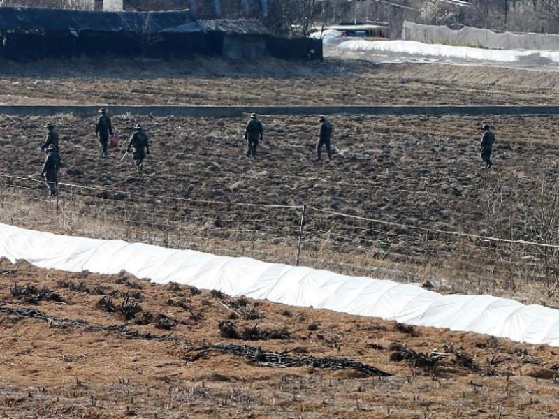 Lính Hàn Quốc tìm kiếm những tờ truyền đơn của Triều Tiên trên một cánh đồng ở thành phố Paju, gần biên giới liên Triều - Ảnh: AFP