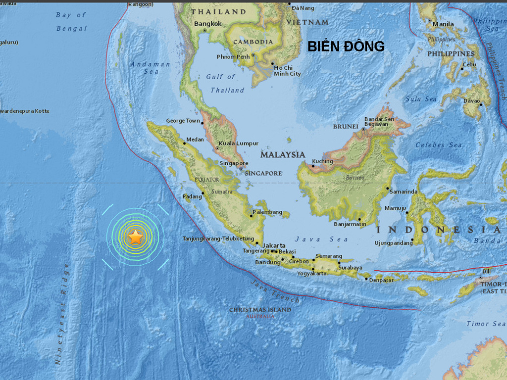 Vị trí xảy ra động đất mạnh 7,9 độ richter ở ngoài khơi tây nam đảo Sumatra, Indonesia chiều tối 2.3.2016. Indonesia ban bố lệnh cảnh báo sóng thần - Nguồn: USGS